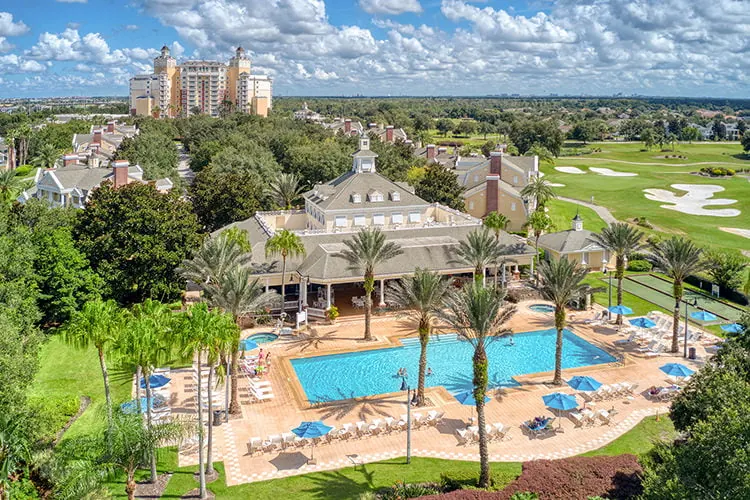 Aerial view of the Seven Eagles pool and pavilion at Reunion