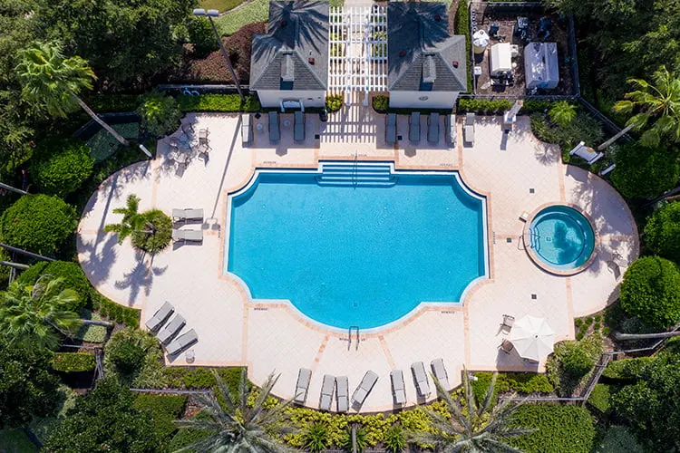 Aerial view of a pool and spa in Heritage Crossing at Reunion
