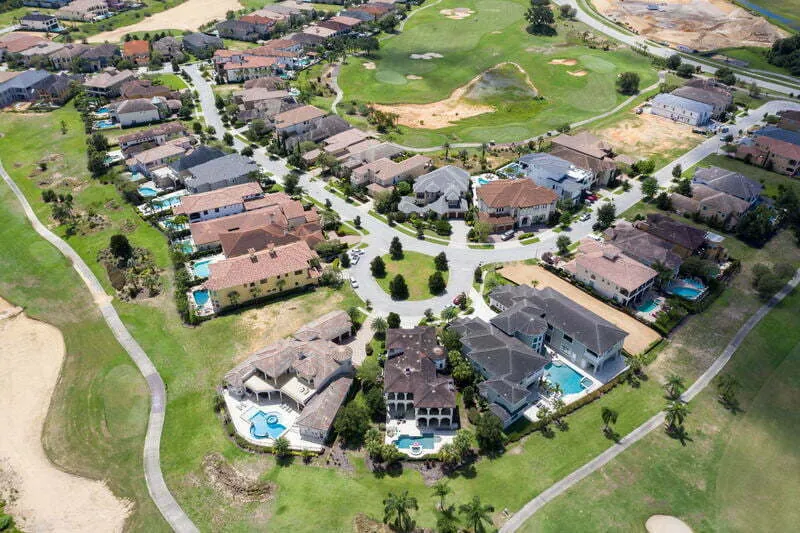 Aerial view of Reunion homes beside a golf course